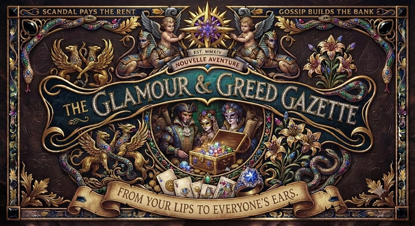 The Glamour & Greed Gazette — Est. MMXIV — Nouvelle Aventure — From your lips to everyone’s ears.